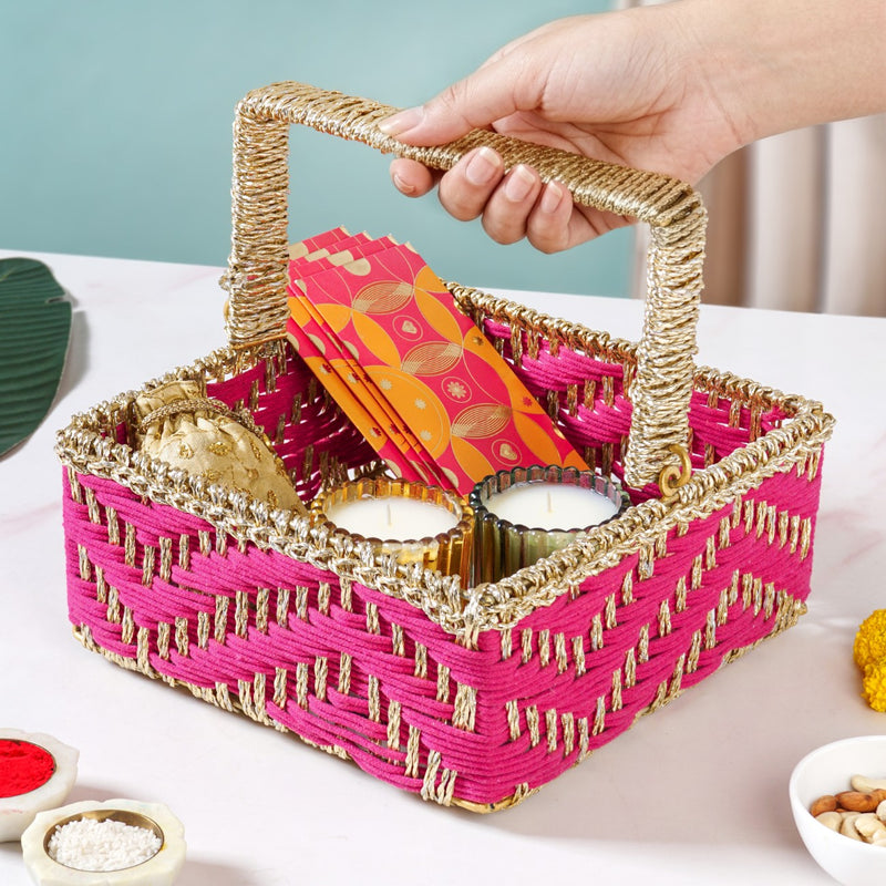 Gift Hamper Basket With Movable Handle Pink