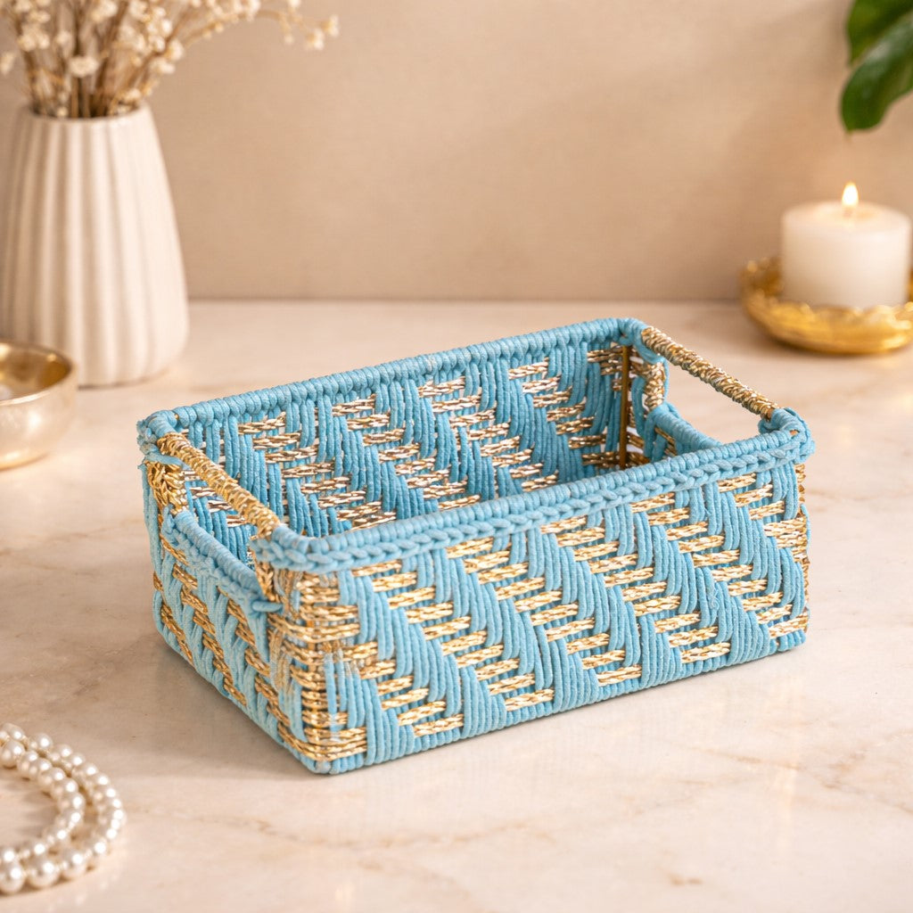 Handwoven Gift Basket With Handles Blue And Gold