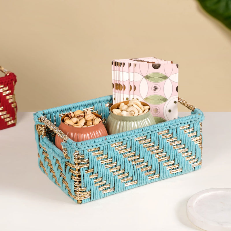 Handwoven Gift Basket With Handles Blue And Gold