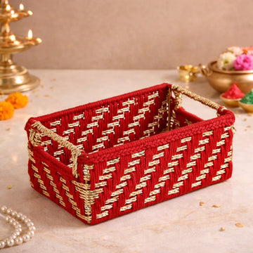 Handwoven Gift Basket With Handles Red And Gold