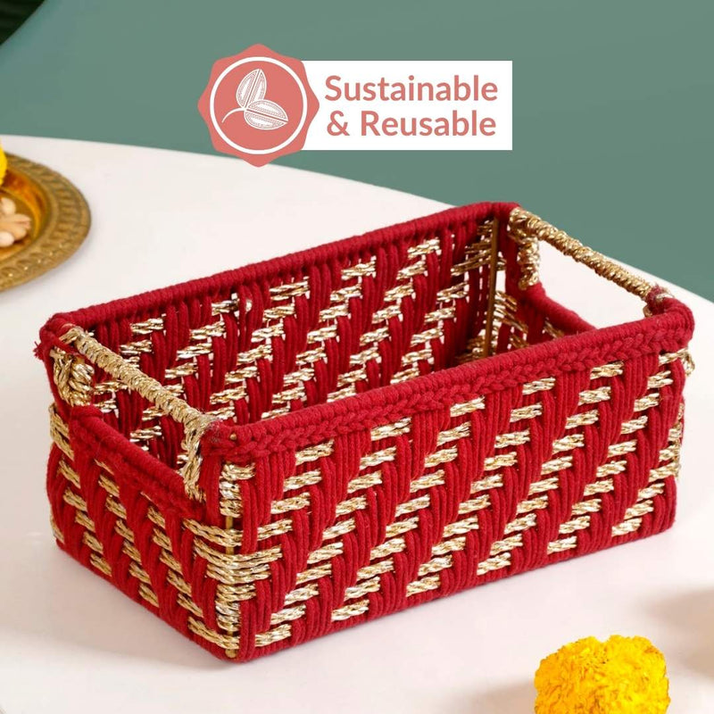 Handwoven Gift Basket With Handles Red And Gold