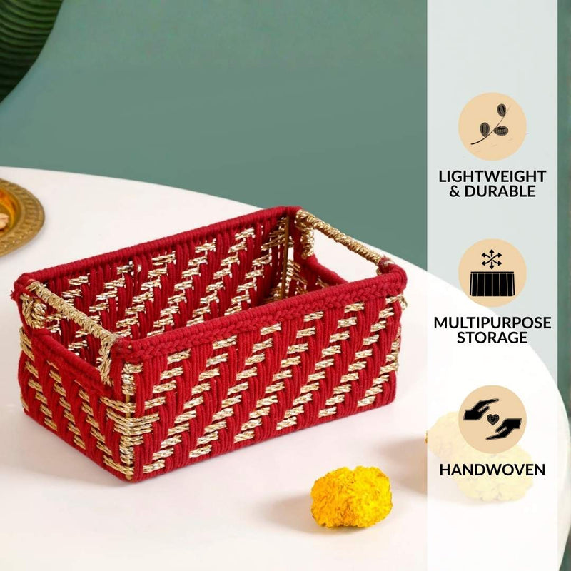 Handwoven Gift Basket With Handles Red And Gold