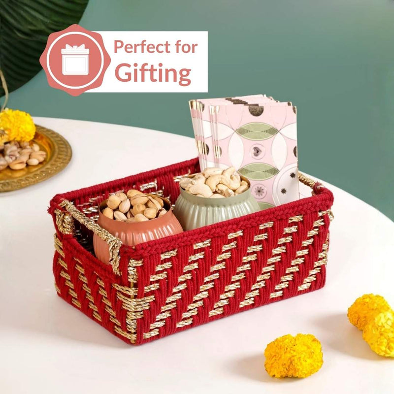 Handwoven Gift Basket With Handles Red And Gold