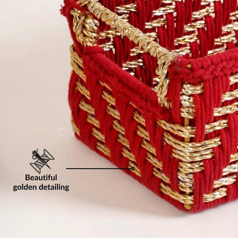 Handwoven Gift Basket With Handles Red And Gold