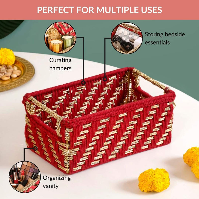 Handwoven Gift Basket With Handles Red And Gold
