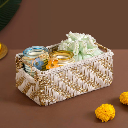 Handwoven Gift Basket With Handles White And Gold