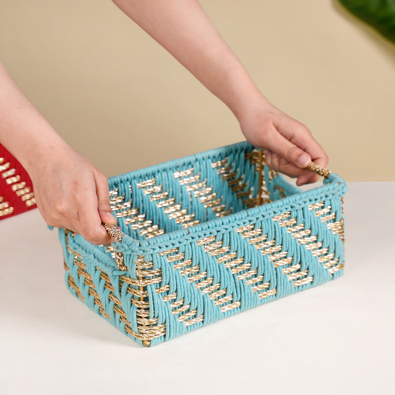 Handwoven Gift Basket With Handles Blue And Gold