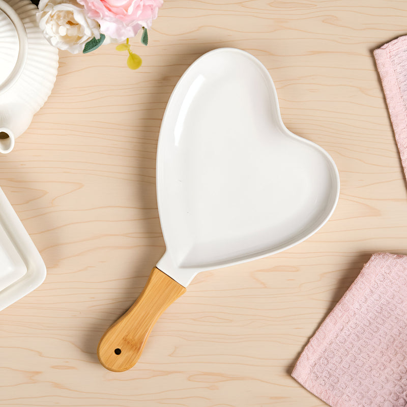 Heart Ceramic Serving Platter With Wooden Handle