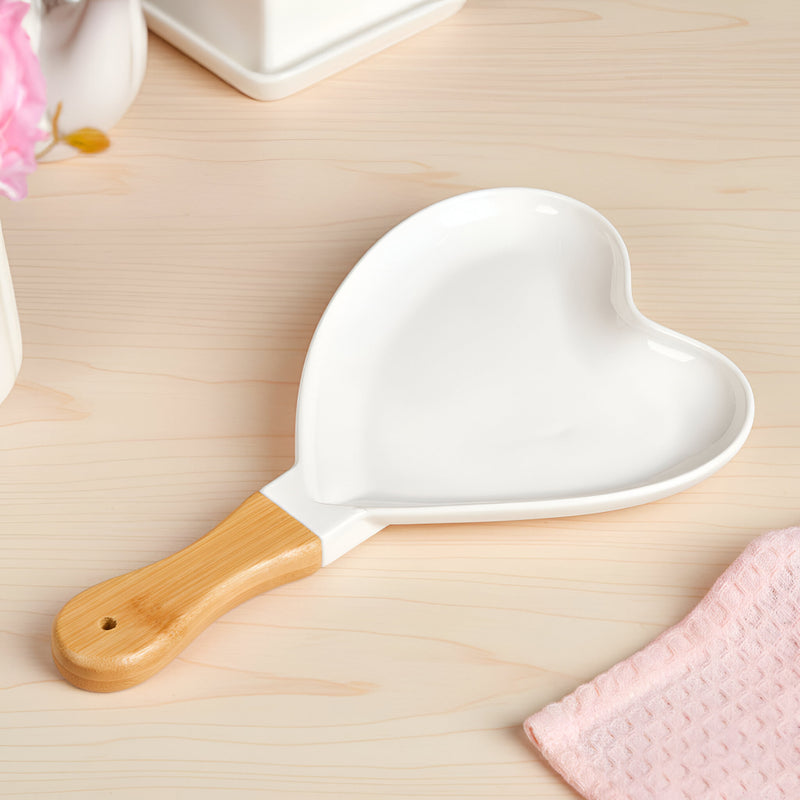 Heart Ceramic Serving Platter With Wooden Handle