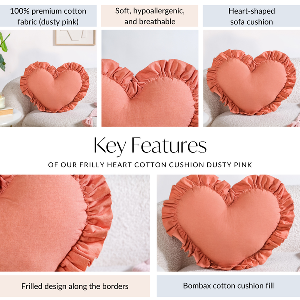 Frilly Heart Cotton Cushion Dusty Pink 43x38cm