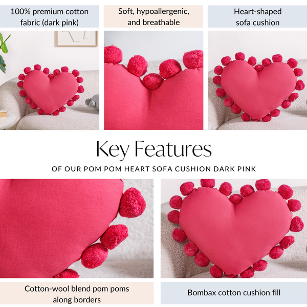 Pom Pom Heart Sofa Cushion Dark Pink 60x35cm