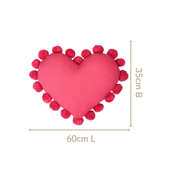 Pom Pom Heart Sofa Cushion Dark Pink 60x35cm