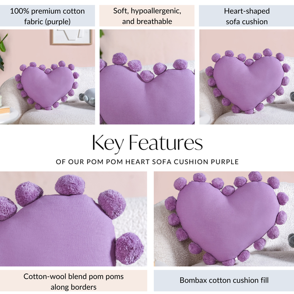 Pom Pom Heart Sofa Cushion Purple 60x35cm