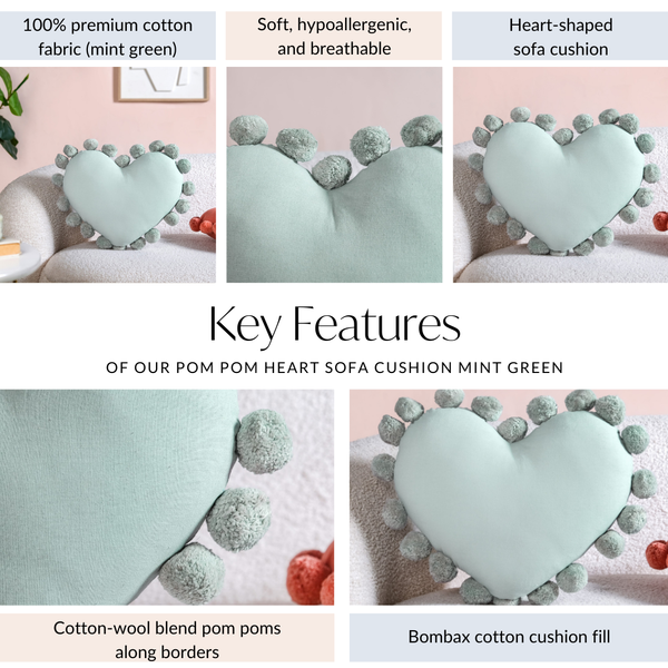 Pom Pom Heart Sofa Cushion Mint Green 60x35cm