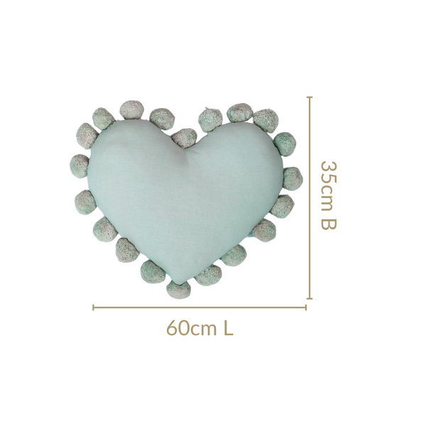 Pom Pom Heart Sofa Cushion Mint Green 60x35cm