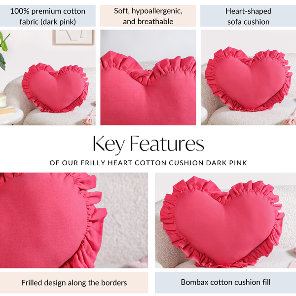 Frilly Heart Cotton Cushion Dark Pink 43x38cm