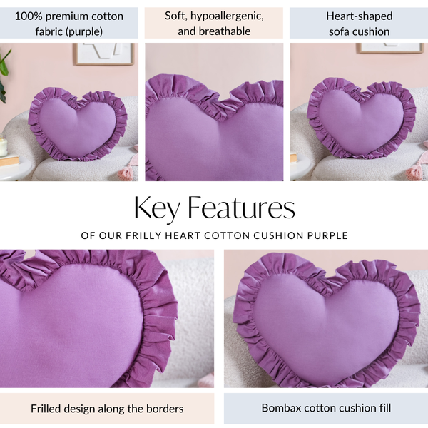 Frilly Heart Cotton Cushion Purple 43x38cm