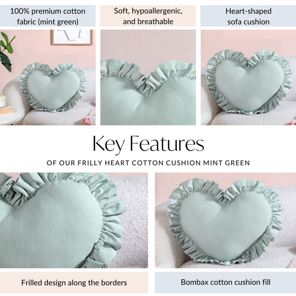 Frilly Heart Cotton Cushion Mint Green 43x38cm