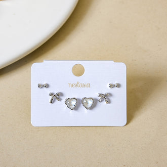 Hearts And Bows Silver Studs Set Of 3