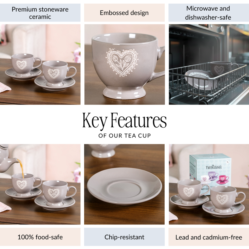 Hearty Ceramic Tea Cup And Saucer Set Of 2 Grey 200ml