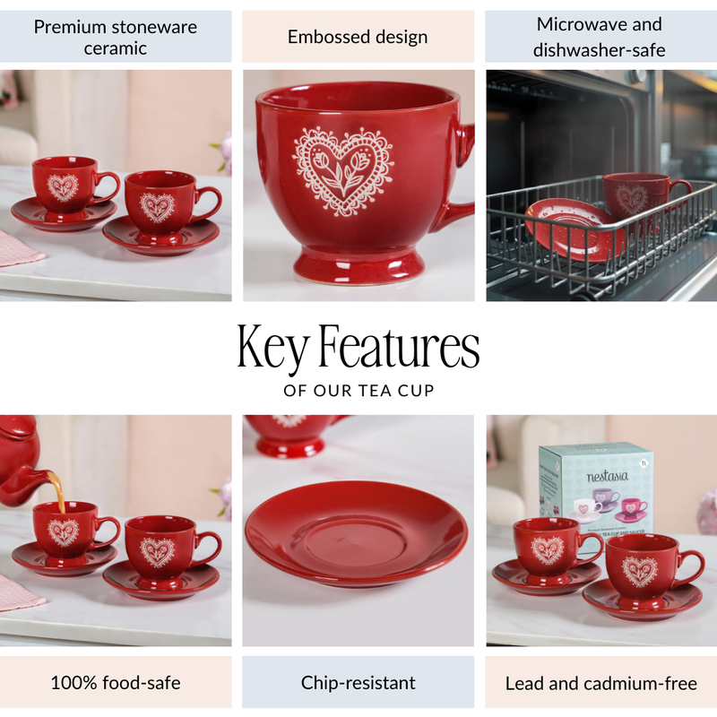 Hearty Ceramic Tea Cup And Saucer Set Of 2 Red 200ml
