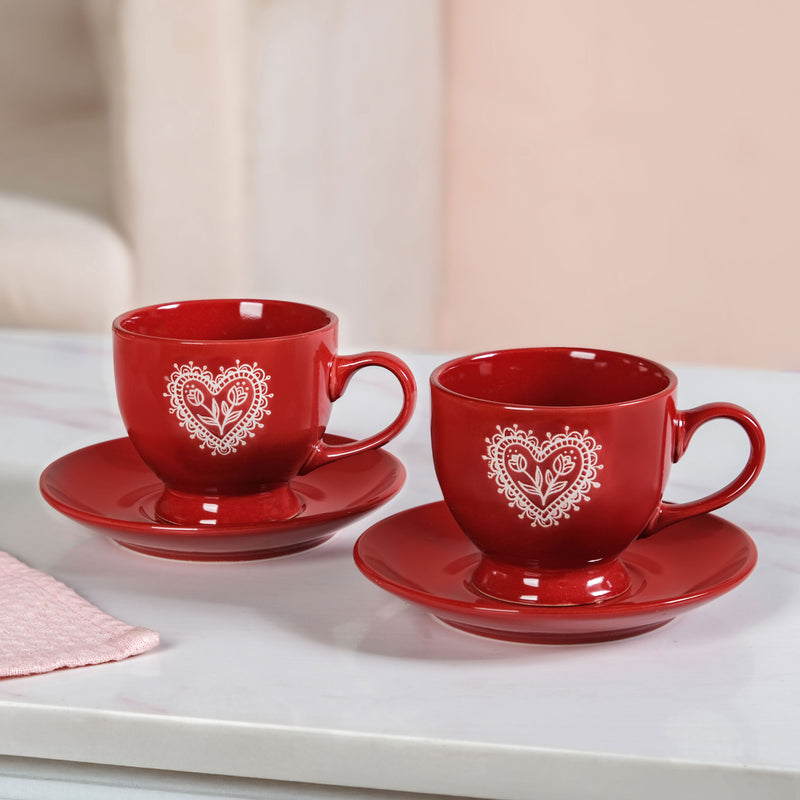 Hearty Ceramic Tea Cup And Saucer Set Of 2 Red 200ml