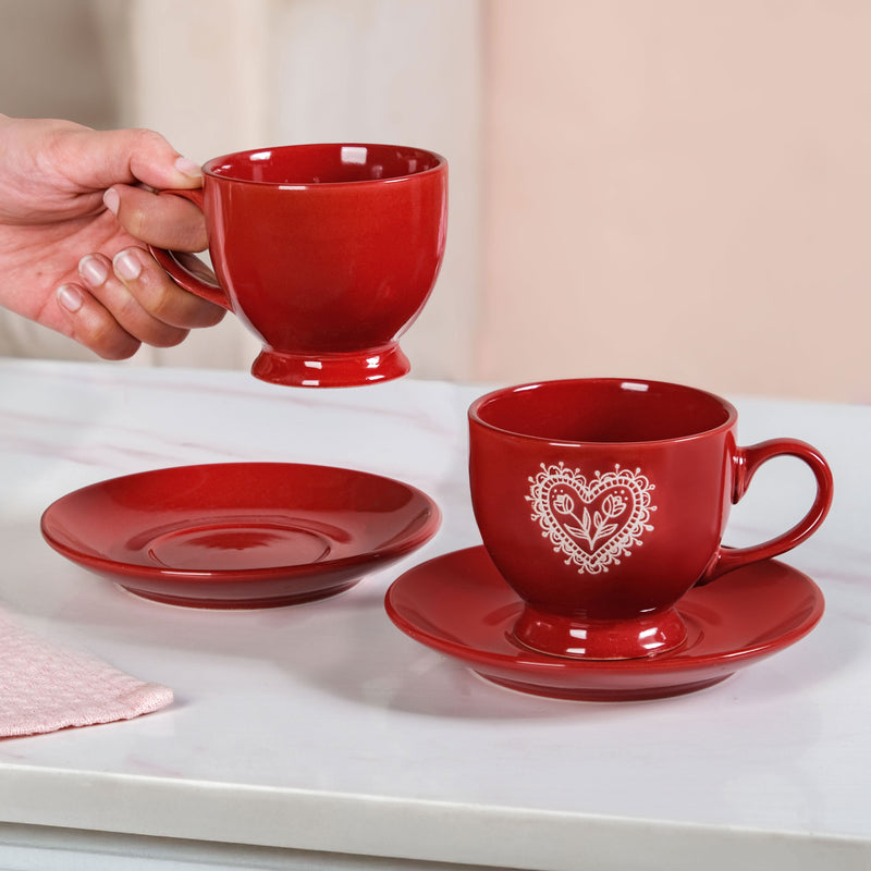 Hearty Ceramic Tea Cup And Saucer Set Of 2 Red 200ml