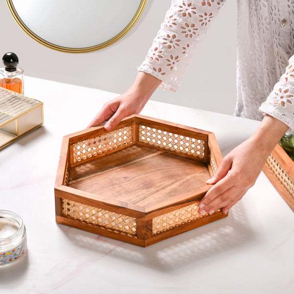 Hexagon Acacia Wood Rattan Cane Tray