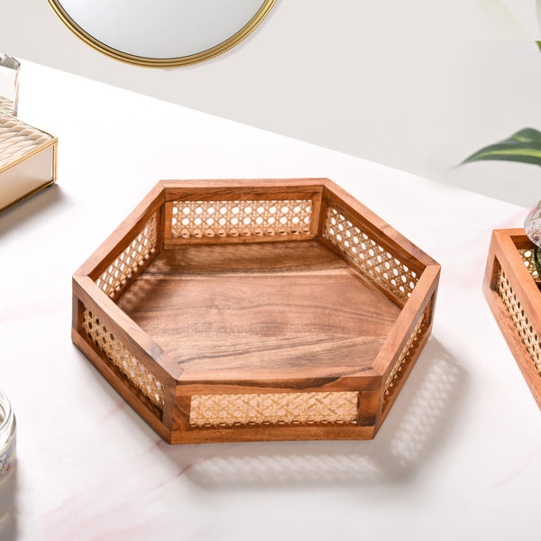Hexagon Acacia Wood Rattan Cane Tray