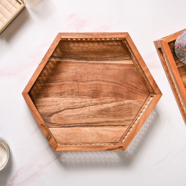 Hexagon Acacia Wood Rattan Cane Tray