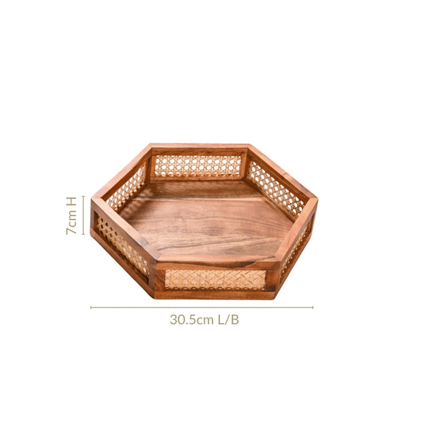 Hexagon Acacia Wood Rattan Cane Tray