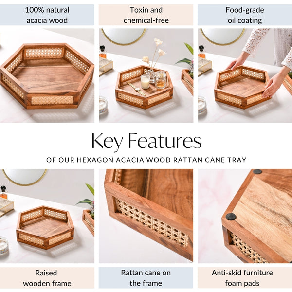 Hexagon Acacia Wood Rattan Cane Tray