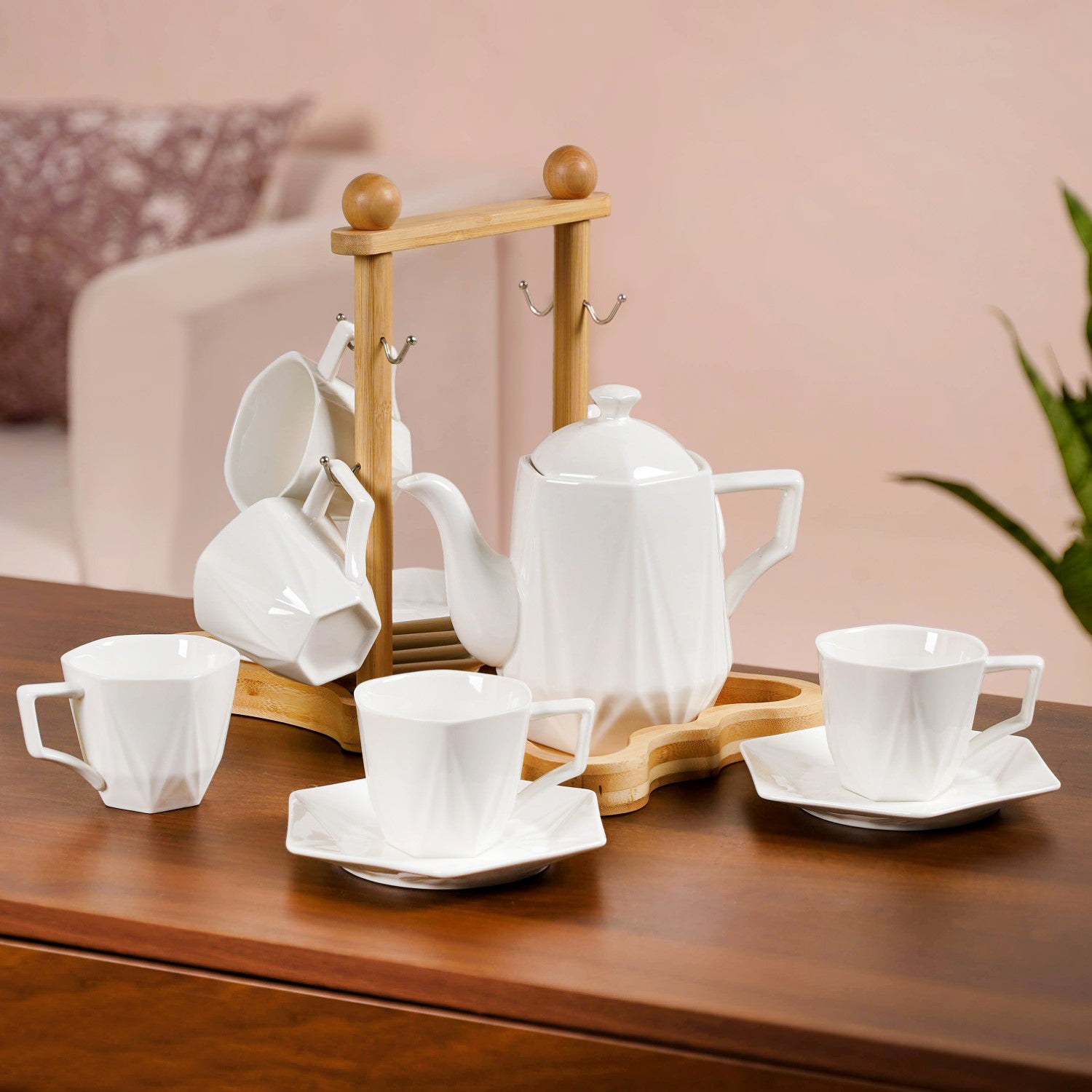 Hexagonal Minimalist White Tea Set With Wooden Stand Online - Premium ...