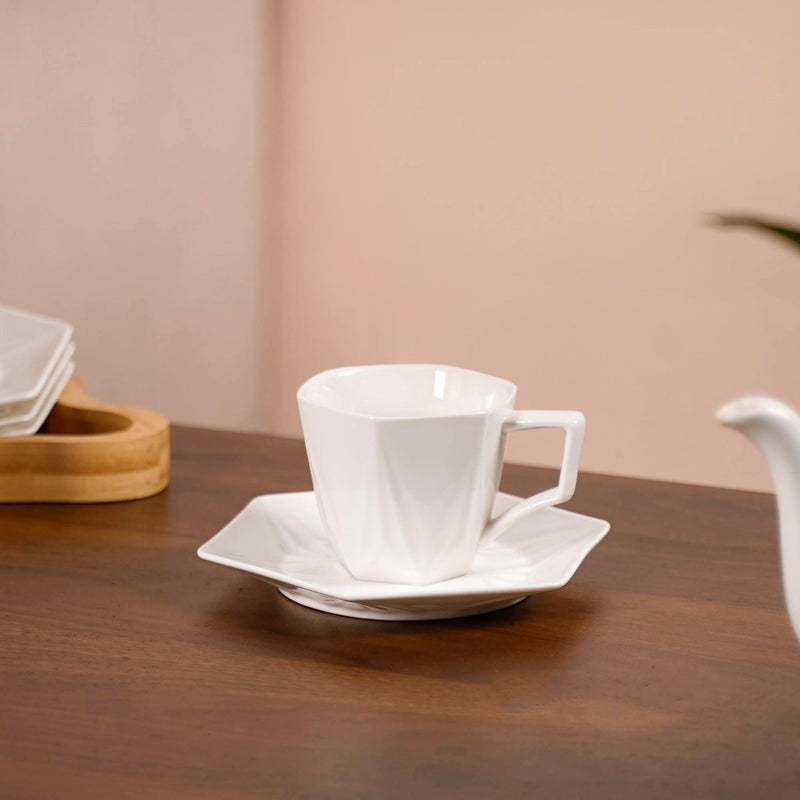 Hexagonal Minimalist White Tea Set With Wooden Stand