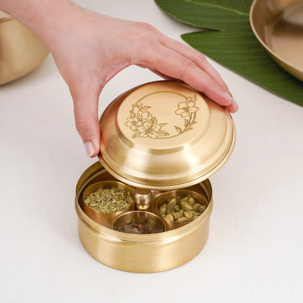 Brass Hibiscus Mukhwas Box with Lid – Traditional Spice Storage Container