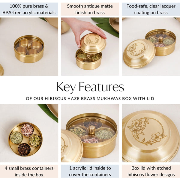 Brass Hibiscus Mukhwas Box with Lid – Traditional Spice Storage Container