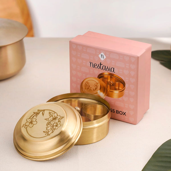 Brass Hibiscus Mukhwas Box with Lid – Traditional Spice Storage Container