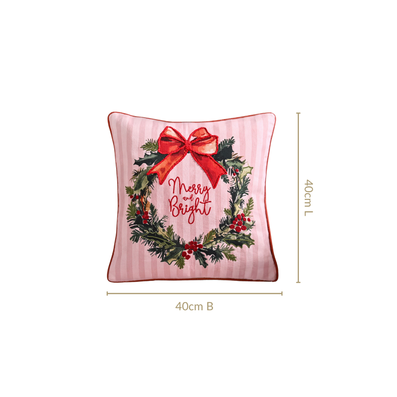 Holiday Wreath Embroidered Christmas Cushion Cover 40x40cm