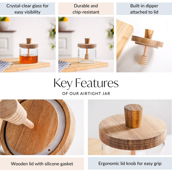 Wooden Leakproof Lid Honey Jar With Honey Dipper 350ml