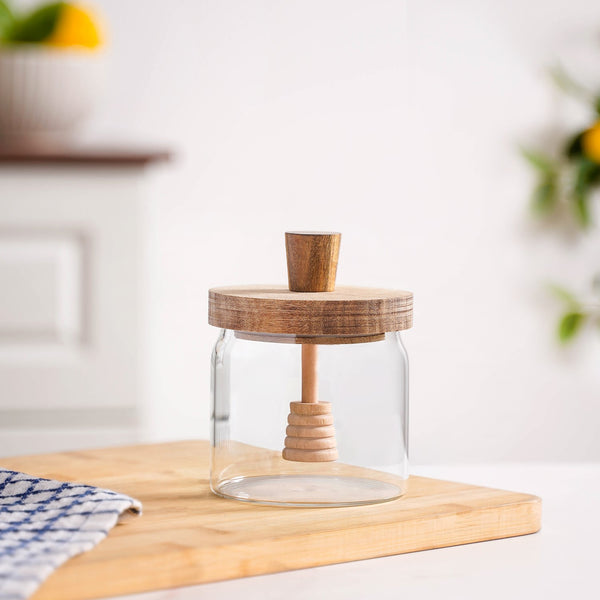 Wooden Leakproof Lid Honey Jar With Honey Dipper 350ml