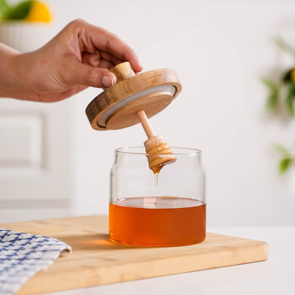 Wooden Leakproof Lid Honey Jar With Honey Dipper 350ml