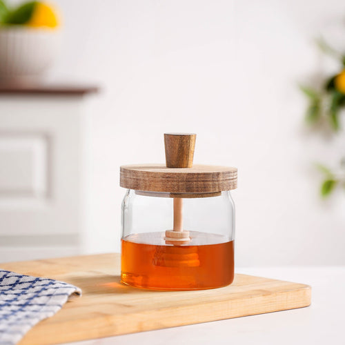 Honeycomb Glass Jar With Wooden Dipper 350ml