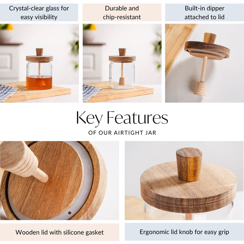 Honeycomb Glass Jar With Wooden Dipper 500ml