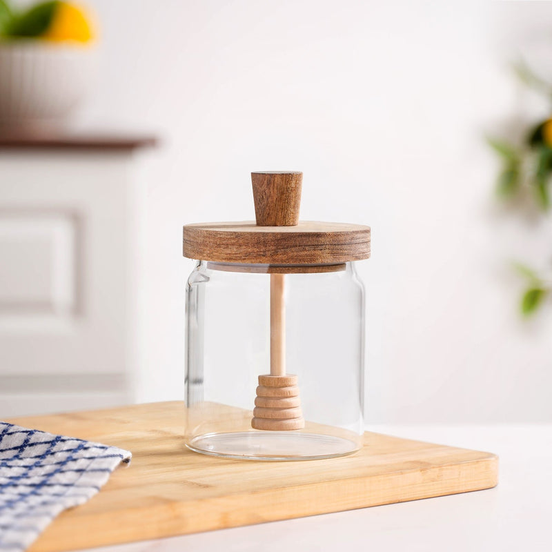 Honeycomb Glass Jar With Wooden Dipper 500ml