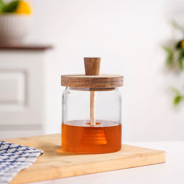 Honeycomb Glass Jar With Wooden Dipper 500ml