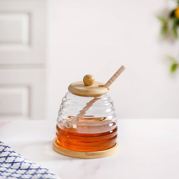 Honeycomb Glass Jar With Wooden Dipper And Tray 480ml