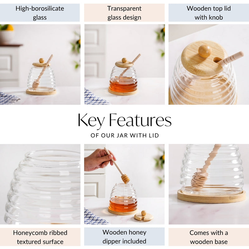 Honeycomb Glass Jar With Wooden Dipper And Tray 480ml