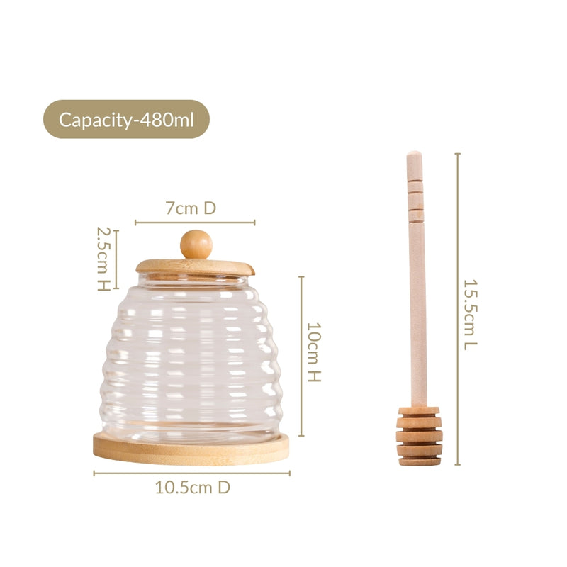 Honeycomb Glass Jar With Wooden Dipper And Tray 480ml