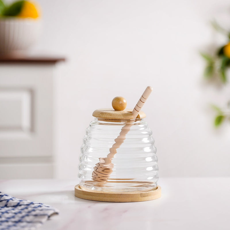 Honeycomb Glass Jar With Wooden Dipper And Tray 480ml