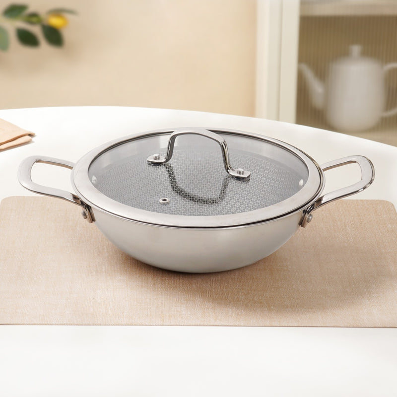 Honeycomb Flame And Induction Safe Triply Non Stick Kadai With Lid 3000ml